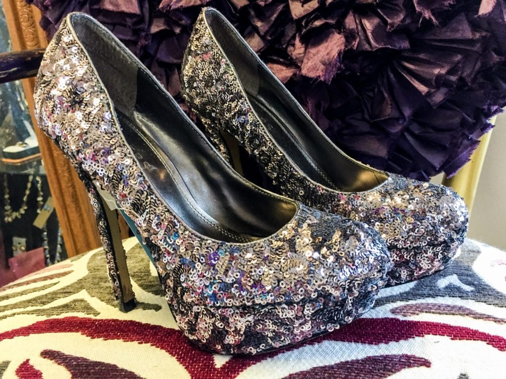 Platform Sequin Heels • Stunning sequin platform heels. These cuties have a slight tint of lavender in the sequins. The sequins catch the light and make them sparkle. They have 4.5 heels and are a size 7.5.