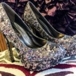 Platform Sequin Heels • Stunning sequin platform heels. These cuties have a slight tint of lavender in the sequins. The sequins catch the light and make them sparkle. They have 4.5 heels and are a size 7.5.
