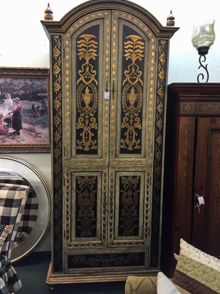 Decorative Wardrobe • Unique sage, black and gold wardrobe. Can be used in a family room and converted into a bar or in a bedroom as an accent piece.