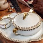 Haviland Limoges China • Haviland Limoges white & gold china pattern a 4 piece set. David Haviland, a retailer - NYC, started a factory in Limoges, France in 1842 to manufacture china for the American market. This is one of his patterns he created. A truly beautiful china pattern.