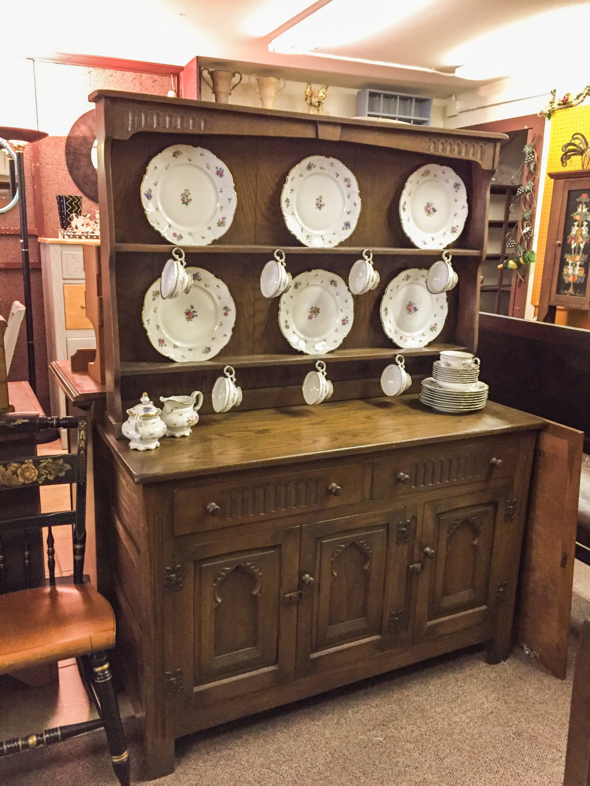 Antique English Buffet • This buffet/Hutch was made in England in the late 1800’s. It is in almost new condition considering it age. It also has a matching table and 4 chairs for an addition price.