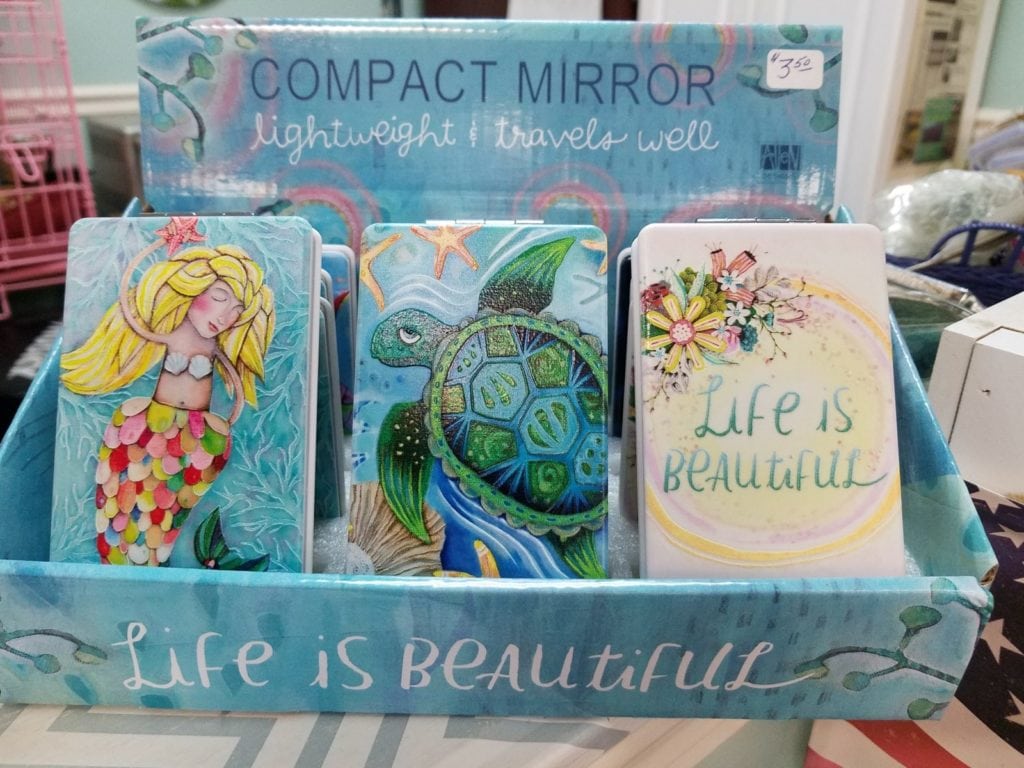 Compact Mirrors • Beautiful whimsical art on the compact. Open the compact for two mirrors on the inside, one is a regular mirror snd the other is a magnifying mirror. Great gift ideas!