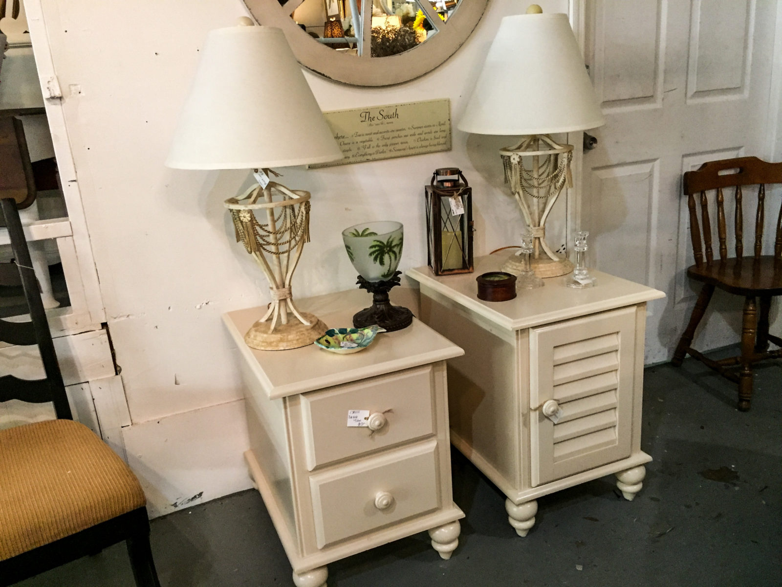 Beautiful Off White Side Tables • Table w/2 drawers measures 24"x28"x23". The Lamps came from the same household and coordinate well. All are in excellent used condition.
**Please nite that the table with the door has been sold-all other items available.**
Come see in person!