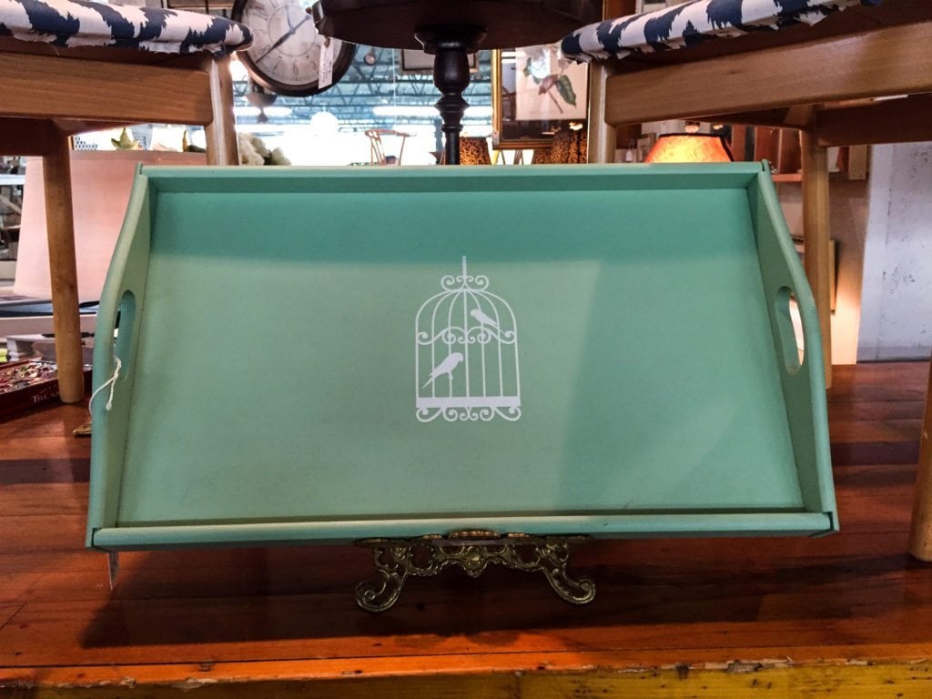 Bird Cage Tray • Upcycled teak tray painted in Fusion Mineral Paint Inglenook and embellished with a white birdcage. So pretty, and versatile! Use it indoors or out, as display decor or a functional serving piece!