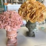 Faux Floral Topiaries • So shabby chic...this is a set of two faux rose topiaries in ceramic urns in two varying sizes. Gorgeous on a mantle, bedside table or vanity.