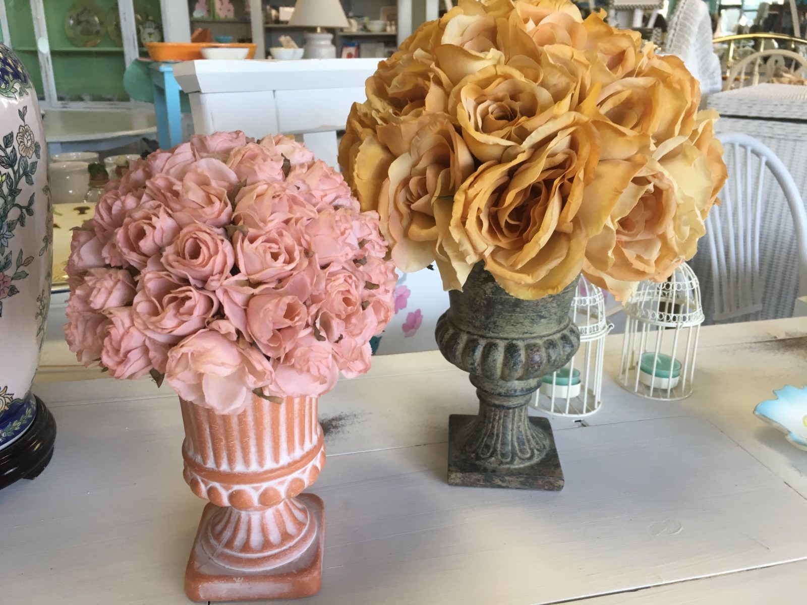 Faux Floral Topiaries • So shabby chic...this is a set of two faux rose topiaries in ceramic urns in two varying sizes. Gorgeous on a mantle, bedside table or vanity.