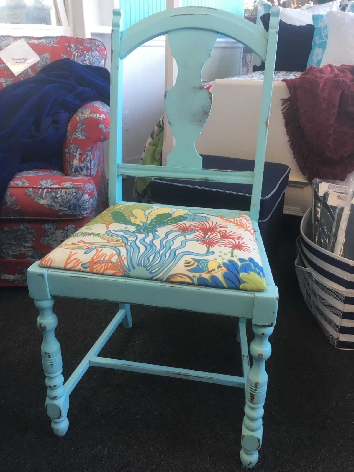 Set of Four Aqua Dining Chairs • Set of four aqua chalk painted dining chairs with a bright and vibrant coastal seat cushion. Pairs beautifully with our round pedestal table or maybe with your kitchen table?