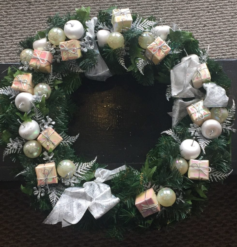 Christmas wreath • Green pine wreath with silver color, and tiny Christmas packages.