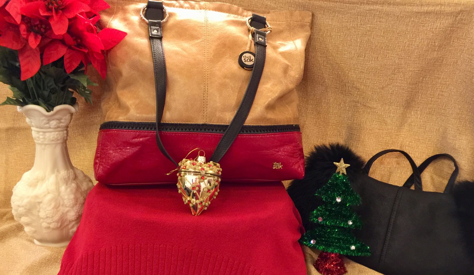 Saks handbag • Saks tan, red, & black shoulder bag