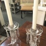 Candleholders • Beautiful taper candleholders will make a lovely addition to your Holiday Table. Each has 8  hanging crystals that reflect light and add warmth & elegance to any tablescape. The neutral candles work in all color schemes, or change out to match yours!