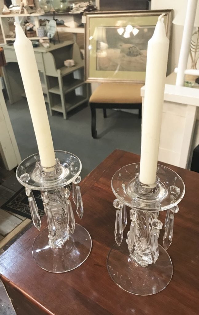 Candleholders • Beautiful taper candleholders will make a lovely addition to your Holiday Table. Each has 8  hanging crystals that reflect light and add warmth & elegance to any tablescape. The neutral candles work in all color schemes, or change out to match yours!