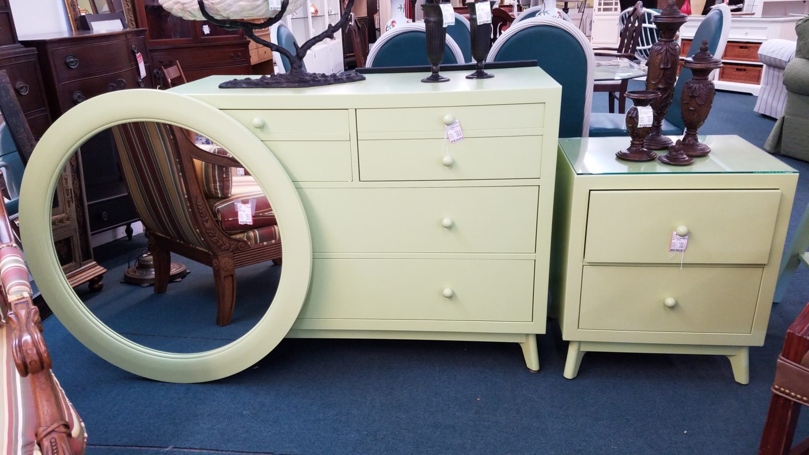 Apple green furniture • Dresser, bedside table, and round wall mirror. All items sold separately.