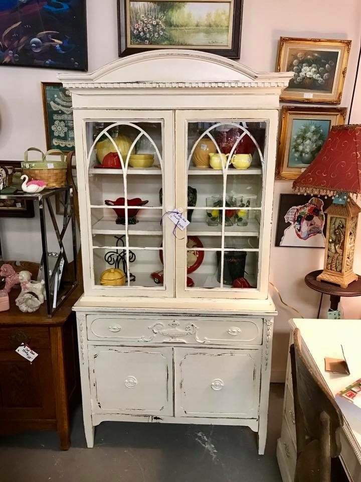 Hand painted White China Cabinet •