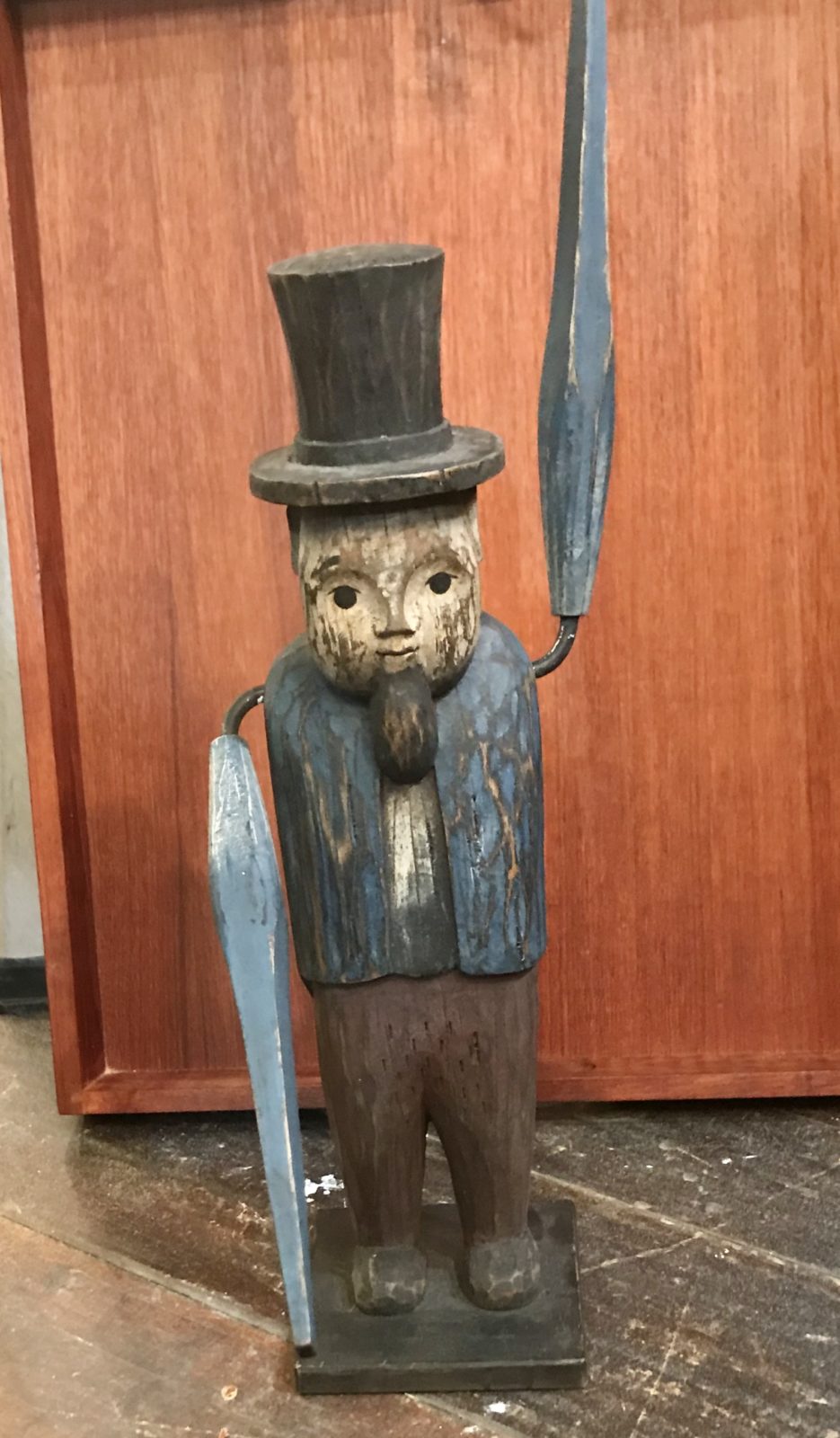 Abe Lincoln primitive whirligig • Sold! 
We are always on the lookout for unusual and different vintage items like this. If you’re looking for something special, we can reach out to our contacts. If you have something you’d like to sell, contact us! We’d love to make you an offer!