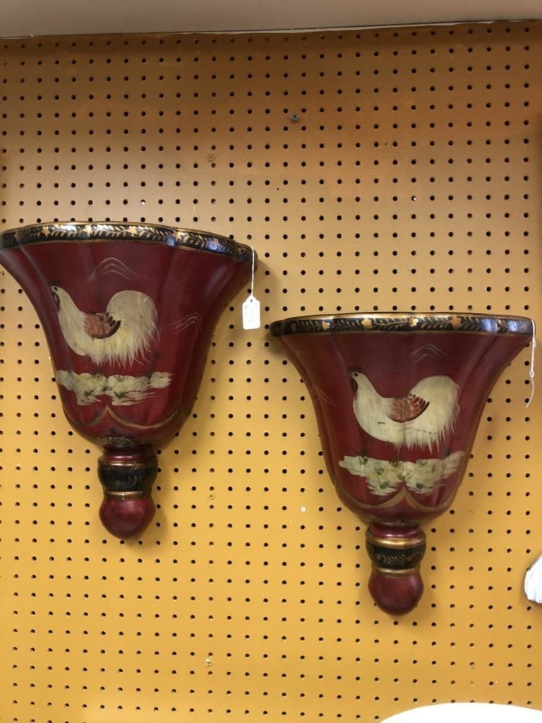 Rooster sconces • These two sconces would look great empty or you can put flowers in them.