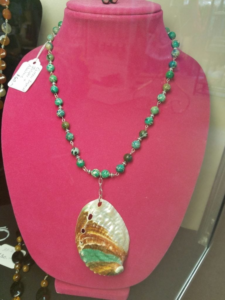 Abalone shell necklace • This beautifully handcrafted abalone shell necklace it strung with semi-precious stones. It is a set and includes marching earrings. Bob has many other sets here for you to see, a color for every outfit.