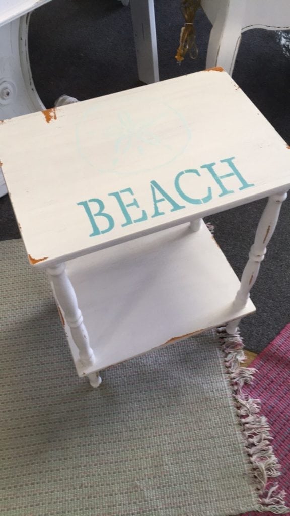 BEACH Accent Table • Chalk painted Accent Table with hand painted details.....charming sand dollar and the word BEACH painted underneath. Perfect between two rockers or on a covered porch.