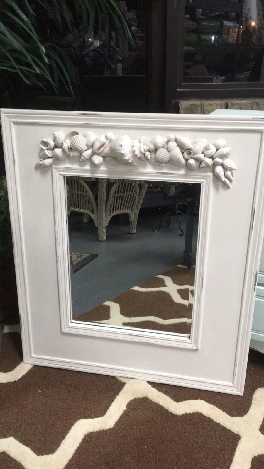 Hand Made Shell Mirror • Beveled mirror in a wooden frame accented by real sea shells chalk painted white and lightly distressed. Stunning in an entrance hall, sun room or beach house. Unique one of a kind piece...