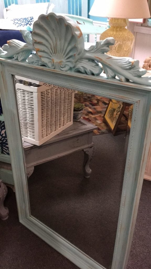 Aqua Shell Mirror • Stunning Aqua colored chalk painted large mirror lightly distressed. Features a large shell along the top and a beaded edge for a simple and elegant look. Would look amazing in an entry way or over a buffet in a dining room.