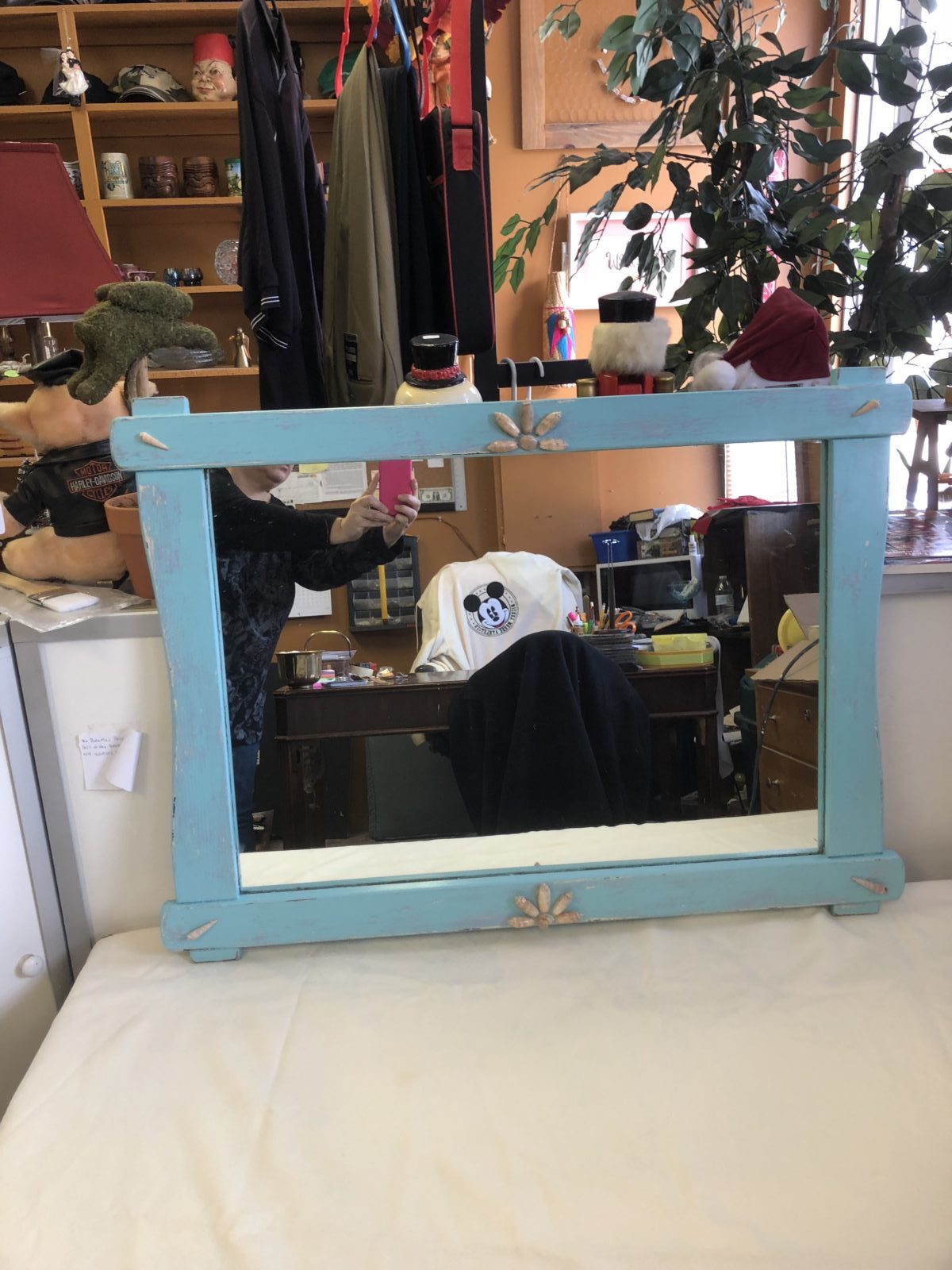 Beachy Mirror • Vintage mirror repainted a Beachy Blue and added shells to give it a special touch. Measures 34Lx25-1/2Wx1-1/4D