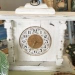 Vintage Shabby Chic Mantle Clock • Very charming and unique Table or Mantle Clock appears to be hand made. Chalk painted white and distressed it features turned columns and s gold & white Clock face. Battery operated.