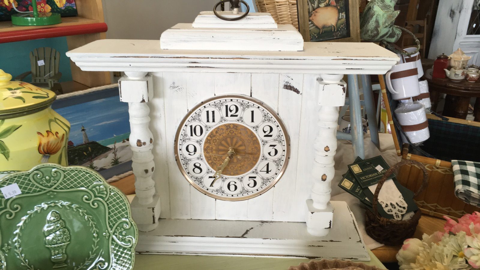 Vintage Shabby Chic Mantle Clock • Very charming and unique Table or Mantle Clock appears to be hand made. Chalk painted white and distressed it features turned columns and s gold & white Clock face. Battery operated.