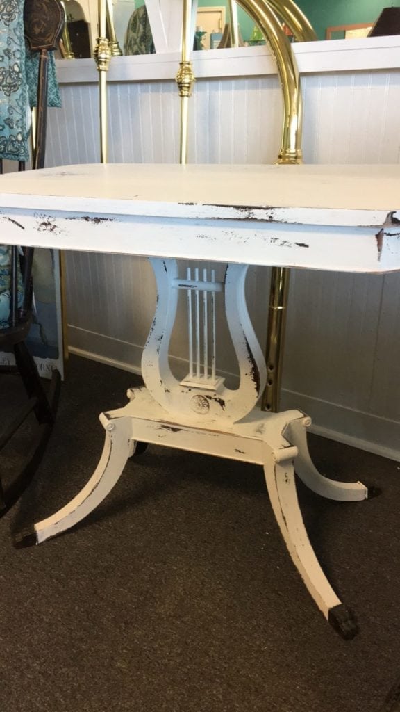 Chalk Paint Harp Table • Antique table with a unique harp design base chalk painted white and distressed. Very elegant and seldom seen design adds a wow factor to any room in your house. Stunning with a vintage lamp or as a bedside table.