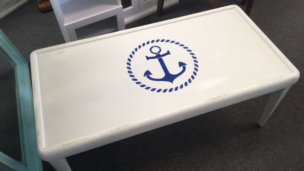 Anchor Coffee Table • White glass Topped coffee table with a hand painted anchor and rope design. Perfectly sized for any den, living room or porch or a great addition for your place at the beach