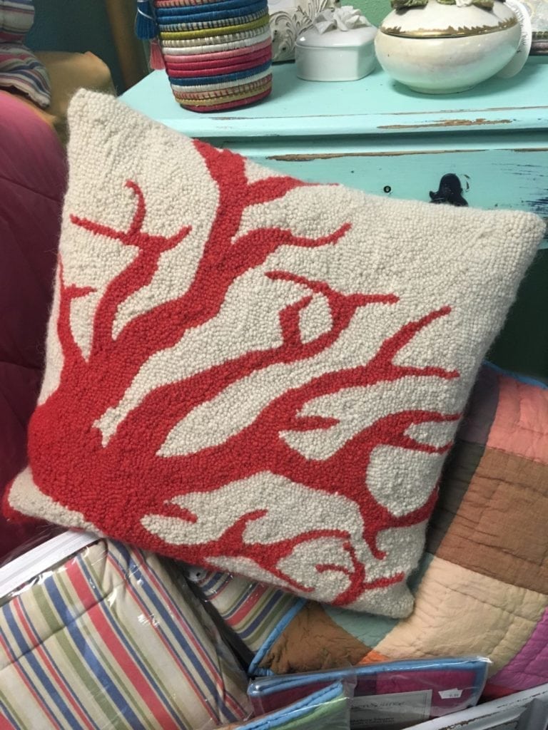 Vintage Hand Hooked Coral Pillow • Decorative Throw Pillow is a Unique hand hooked Pillow featuring a coral design perfectly suited to add a touch of the beach to any room in your house. White background with a coral colored design and velvet backing. Add to your sofa, rocker or club chair.
