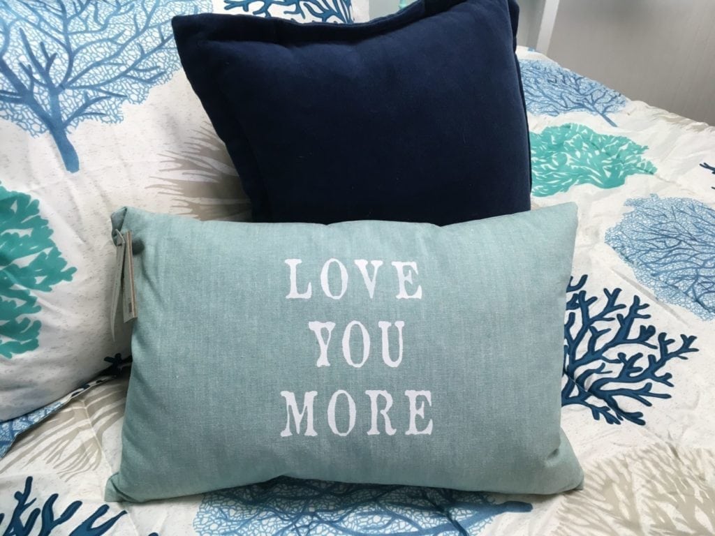 Love You More Pillow • This 12" x 18" Pillow says it all..."Love You More" ...what a wonderful Valentine's Day Gify for that special someone! Light blue/green chambray fabric cover that zips off for easy cleaning and a goose down feather insert for a squishy, cozy feel.
