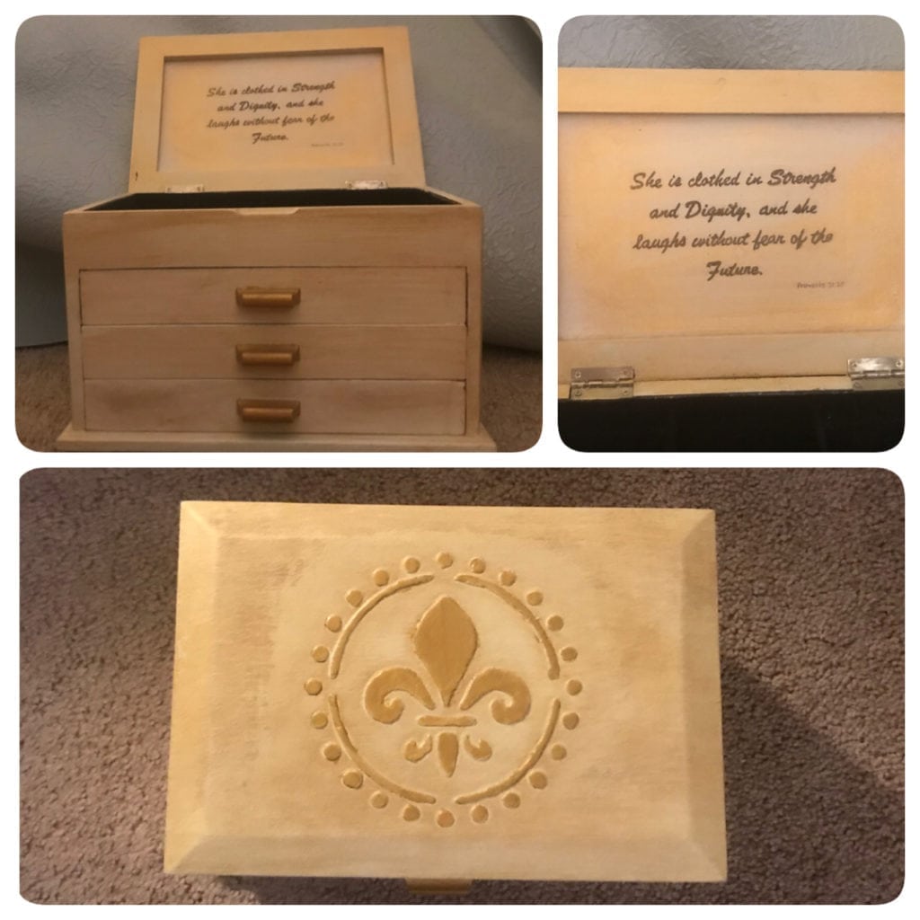 Fleur de Lis Keepsake Box • This ReDesign is perfect for keepsakes as well as your favorite jewelry pieces. Gold tones over neutral off white will fit in any decor. On the top, the Fleur de Lis is a raised design. The hand lettered sentiment is a fabulous reminder for all women!