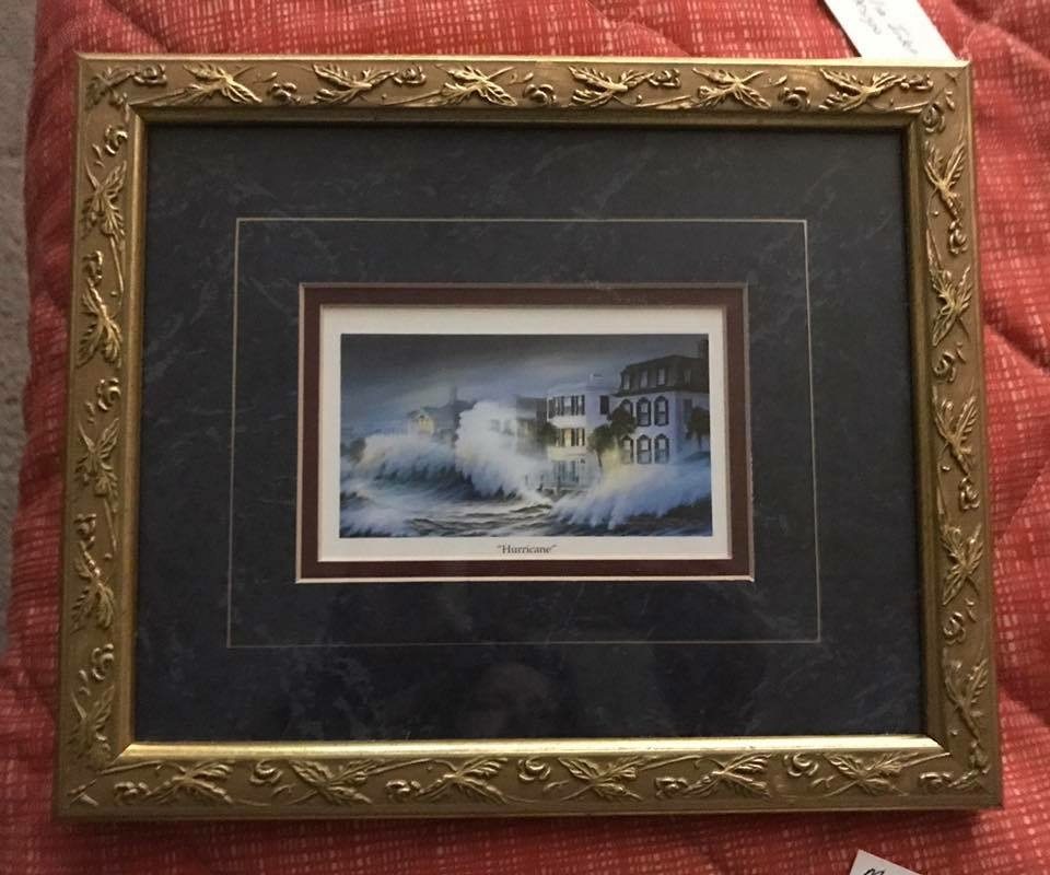 “Hurricane” • Print by well known Charleston artist Jim Booth. Beautifully matted and framed. Makes a lovely match to the available Betty Condon print “Twilight on the Battery”. 
Measures 10”x11”