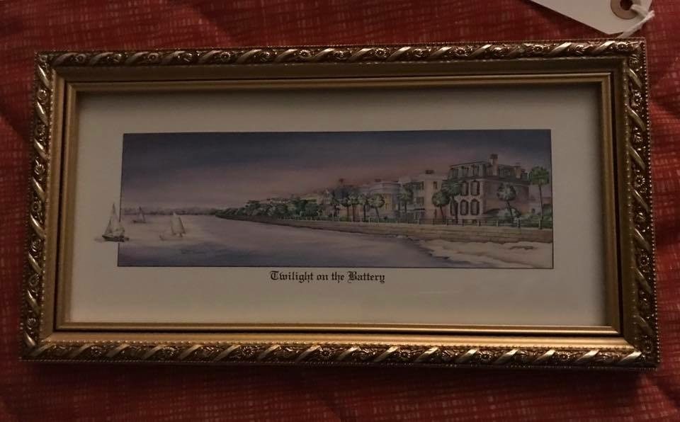 “Twilight on the Batter” • Print by Charleston artist Betty Condon. Professionally masted and framed. Lovely! 
Please note that we also have a print by artist Jim Booth entitled “Hurricane”. Same view-different season! They are lovely as a set. 
Price is let item.