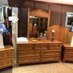 Solid Pine King Bedroom Set • Beautiful Solid Ping King Size Bedroom Set. Set includes King Headboard, rails, dresser w/Mirror and 2 Night Stands. Some wear on dresser top all else in excellent condition.
