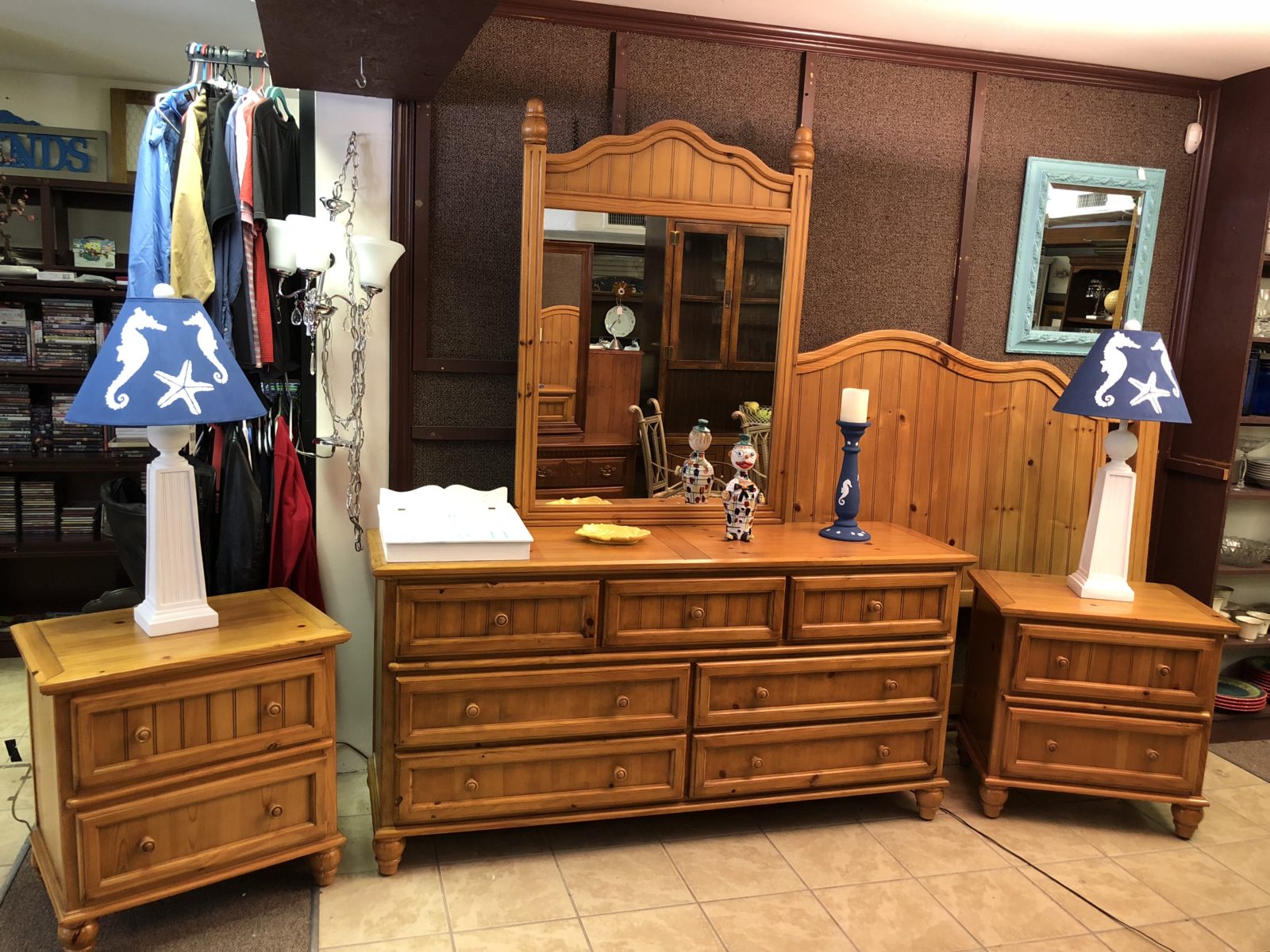 Solid Pine King Bedroom Set • Beautiful Solid Ping King Size Bedroom Set. Set includes King Headboard, rails, dresser w/Mirror and 2 Night Stands. Some wear on dresser top all else in excellent condition.