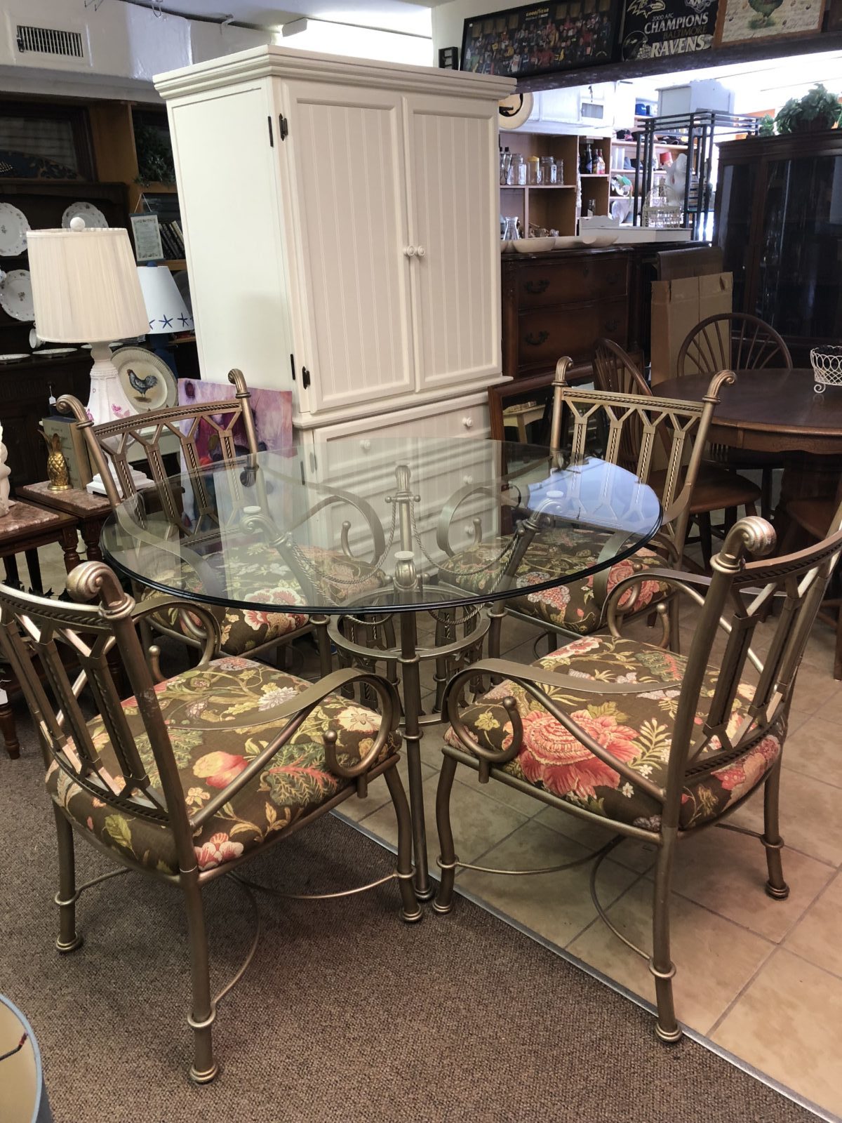 Glass & Iron Table Set • Glass and heavy iron Table Set. This picture does not do it justice. This set is solid and in excellent condition