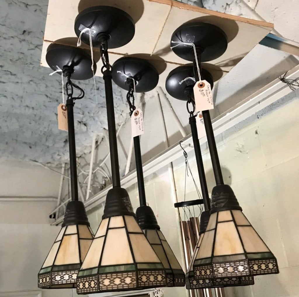 Mission style pendant lights • These lovely pendents have glass shades and can be lengthened to fit. Price is per pendant.