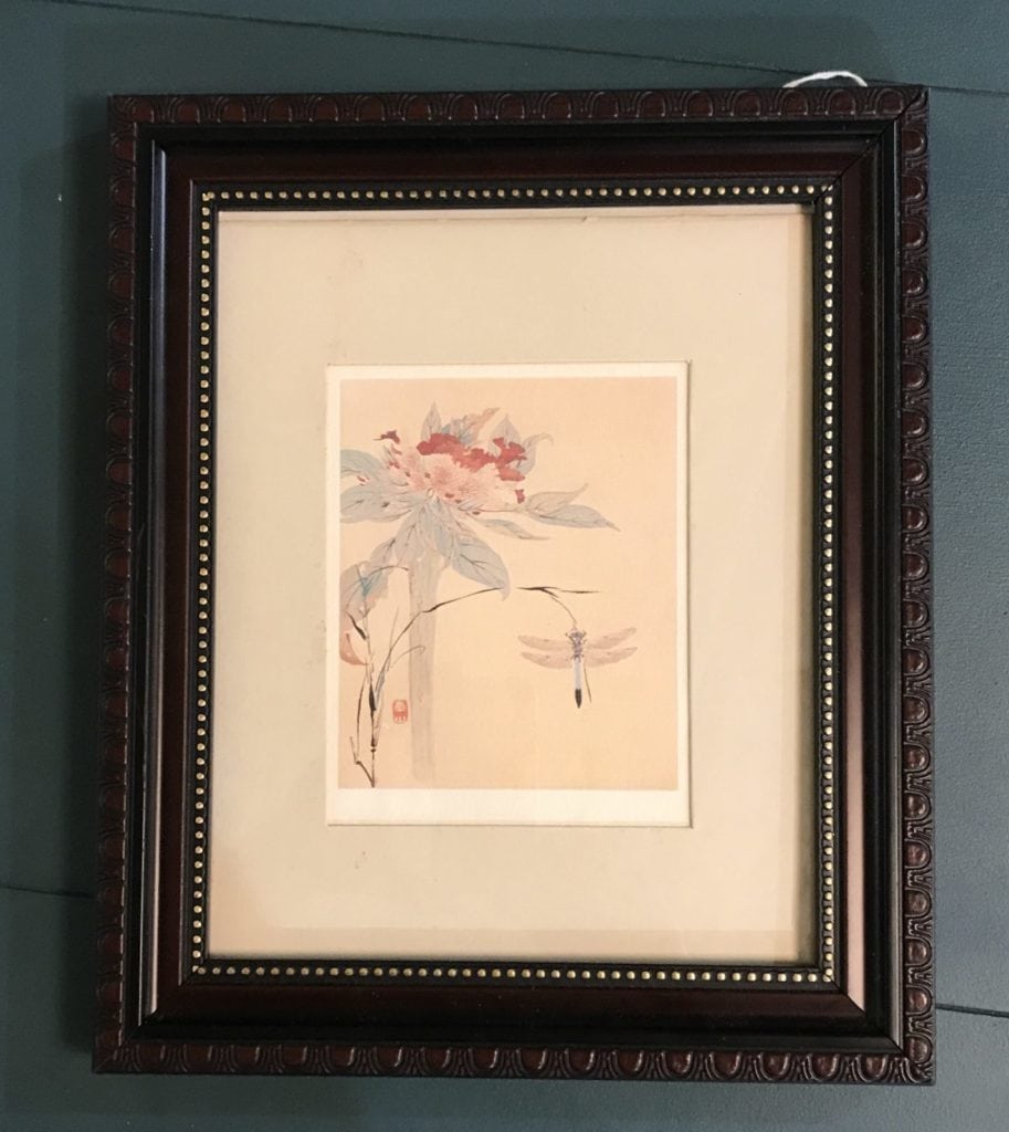 Watanabe Kazan watercolor print • Beautiful dragonfly print by artist Watanabe Kazan. Lovely colors! Perfect for your Asian them decor, but will be pretty in any design! Framed to protect it only. Needs a custom frame.