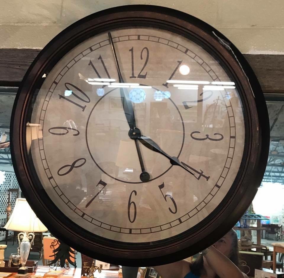 Large wall clock • Make a statement in any room with this large wall clock. Fabulous form and function, and compliments most decor styles. 24”. Battery operated.