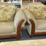 Chairs (2) Beige w/pillow backs • I have two of them that match they are $279 each they are in good shape with loose pillow back cushions they came from bug free smoke free and pet free home and they have wooden accent fronts they are beautiful chairs located at Dick Pond Road location