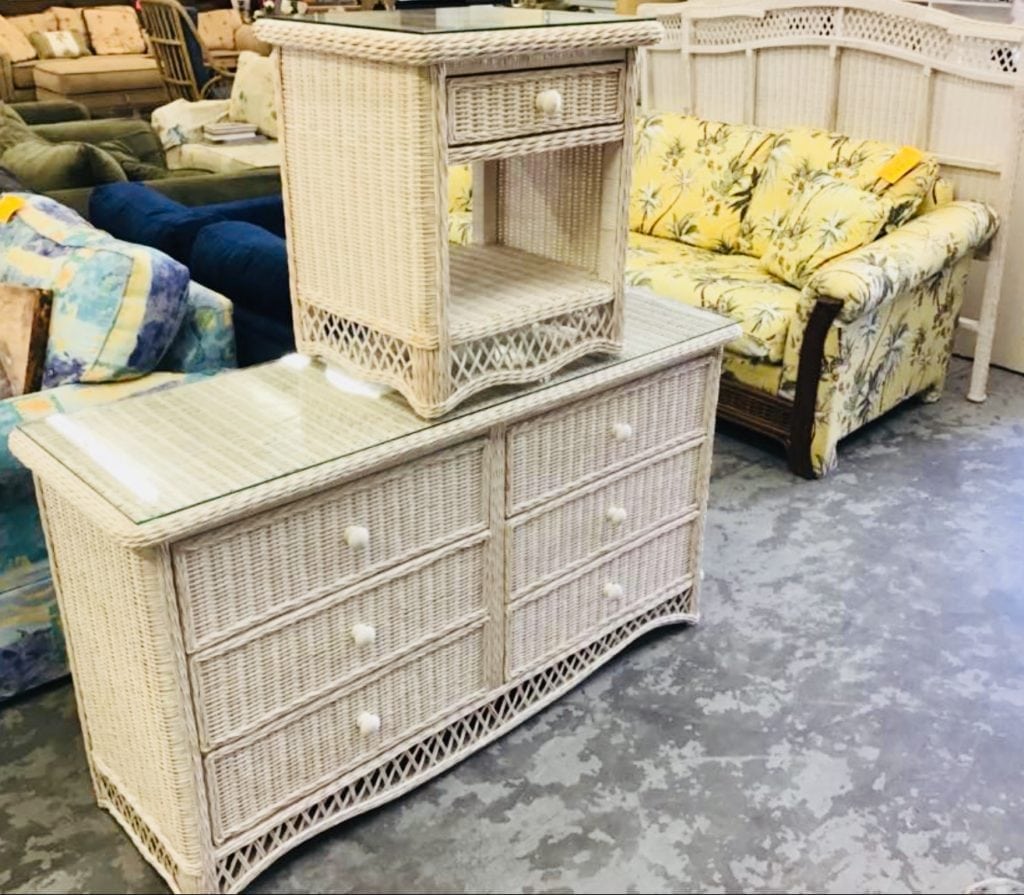 Wicker Dresser wNightstand • Great buy on this gently used whitewash wicker six drawer dresser with matching nightstand. Both have glass tops and drawers are on metal glides.Both of these came from a pet free smoke free and bug free home.
