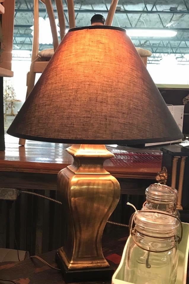 Gold Lamp • Single lamp. Simple shape in a fabulous gold finish.  Nice size for a desk or buffet.