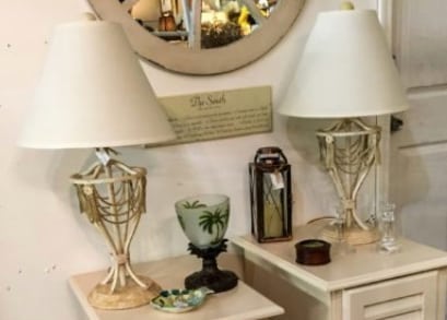 Off White Metal and Stone Lamps • Heavy metal and stone bases make these neutral lamps a substantial accent to your decor. Great task or accent lighting. Perfect in a bedroom or living area. Price is for the pair.