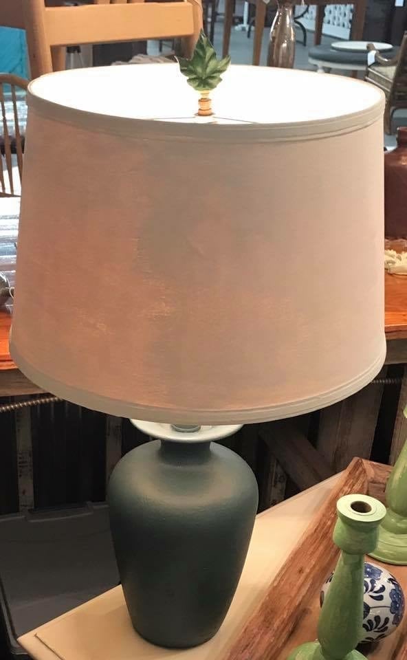 Blue urn shaped lamp • The classic shape and the lovely Homestead blue color with the Champlain lampshade give this ReDesigned lamp a new look and it’s ready for a new life. Additional task or ambient light fit any room.