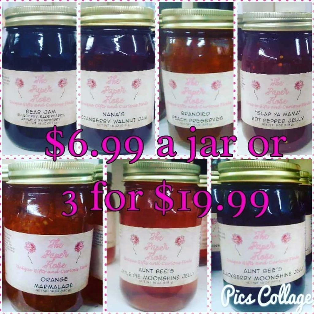 Gourmet Jams & Jelly • Delicious homemade taste! 18 oz jars only $6.99 or mix and match 3 for $19.99. Flavors include, Apple Pie Moonshine, BlackBerry Moonshine, Bourbon Blueberry, Brandied Peach, Orange Marmalade, Cranberry Walnut, Muscadine Grape, B.E.A.R Jam, & Hot Pepper.