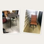 Outdoor patio table & 2 chairs. • Bar height patio table and two swivel chairs. Lightly used and in great condition.