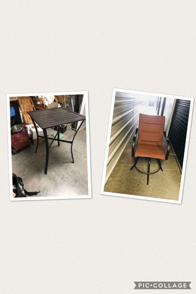 Outdoor patio table & 2 chairs. • Bar height patio table and two swivel chairs. Lightly used and in great condition.