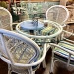 5 Piece White Rattan Dinette • White Rattan 5 piece dinette set. Glass table and striped fabric chairs. Perfect for that beach condo.