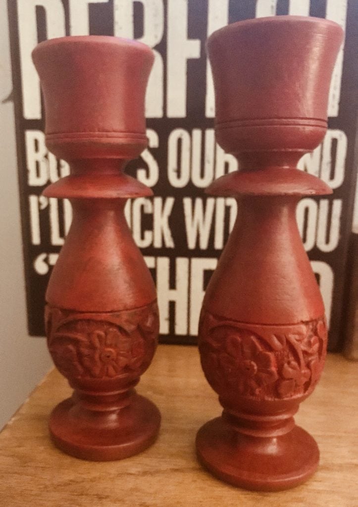 Pair of wooden candlesticks • These rustic carved candlesticks will fit fabulously into your decor or look great on your holiday table.