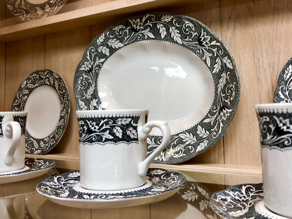 Sterling Renaissance Pattern • English Staffordshire Dinnerware Set. The pattern is Sterling Renaissance. 30 piece set: 8 plates, platter, sugar bowl, 4 cups & saucers, 3 cereal bowls, 8 dessert plates and serving bowls